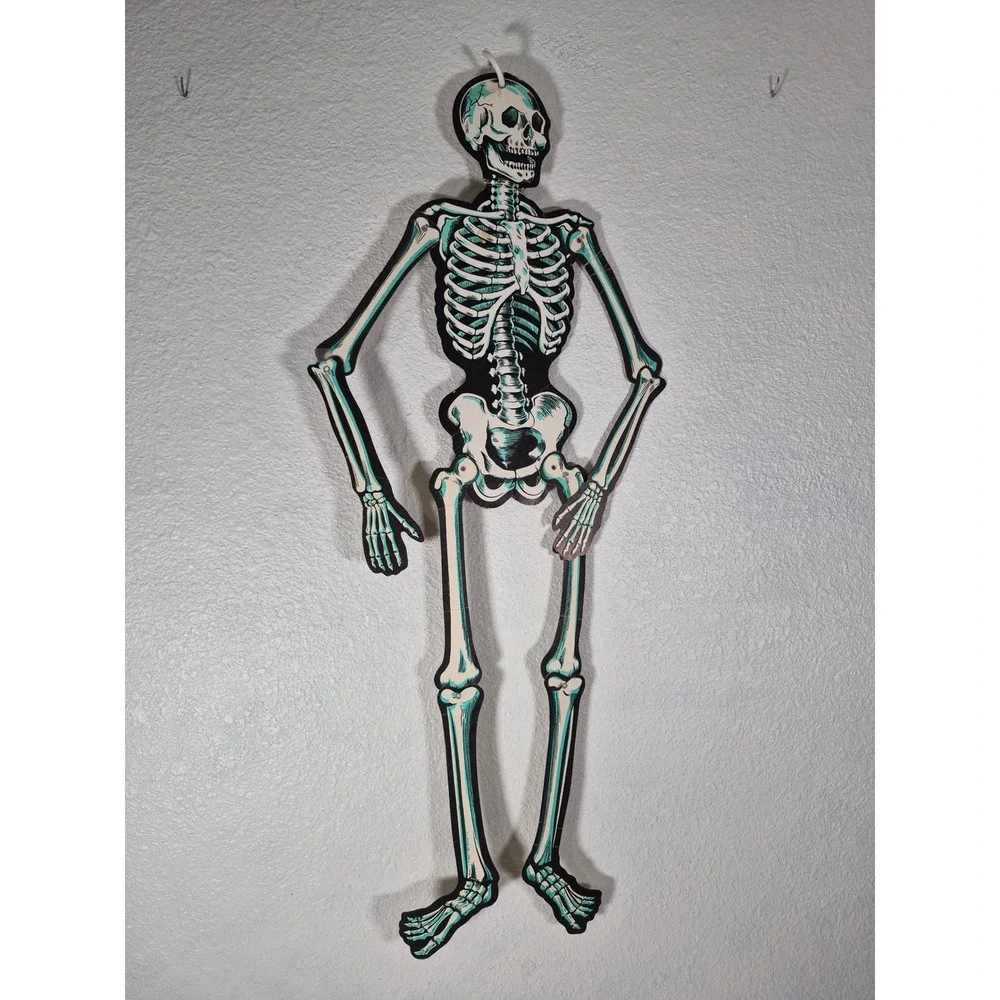 Vtg Beistle Jointed Cardboard Skeleton Halloween Decoration Teal Cream 36 Inch